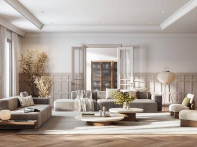 This image showcases a digitally generated, modern living room, offering a blend of comfort and elegance with its sleek furniture and soft color palette.